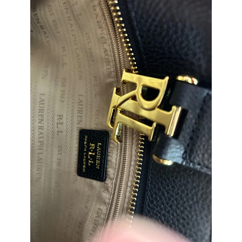 Lauren Ralph Lauren Marcy Black Pebbled Leather Satchel Bag Gold RL Logo Handbag